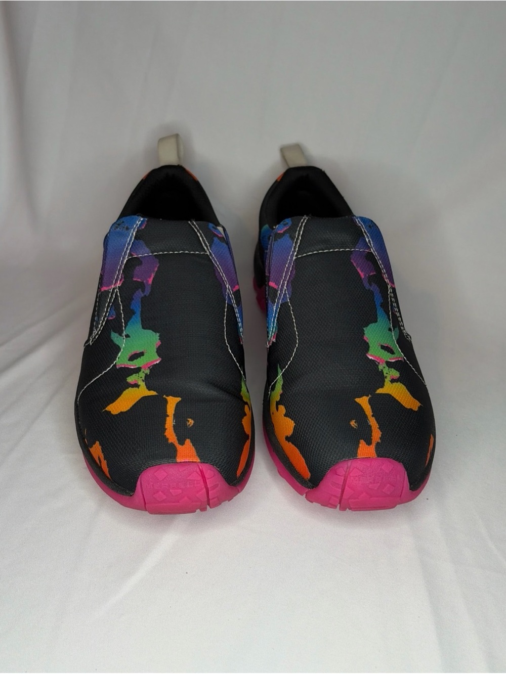 Merrell Black Slip-On Sneakers with Rainbow Accents and Pink Soles